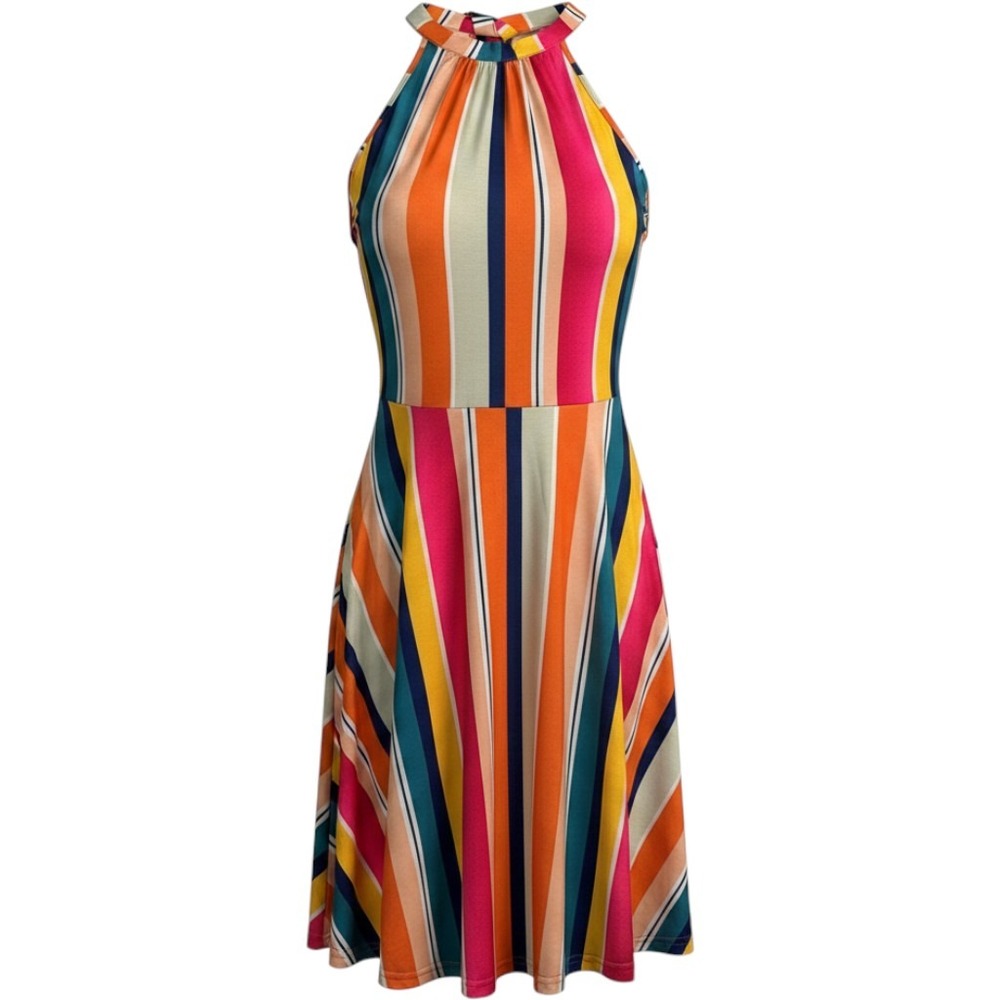 OUGES Striped Halter Skater Dress Small Multicolor Rainbow Fit and Flare